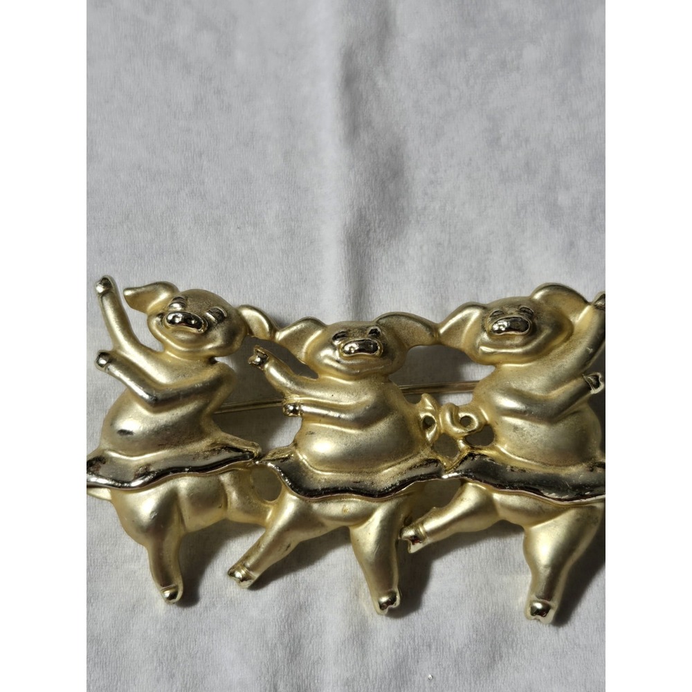Vintage‎ Dancing Pigs Brooch Gold Tone Ballerina Novelty Pin